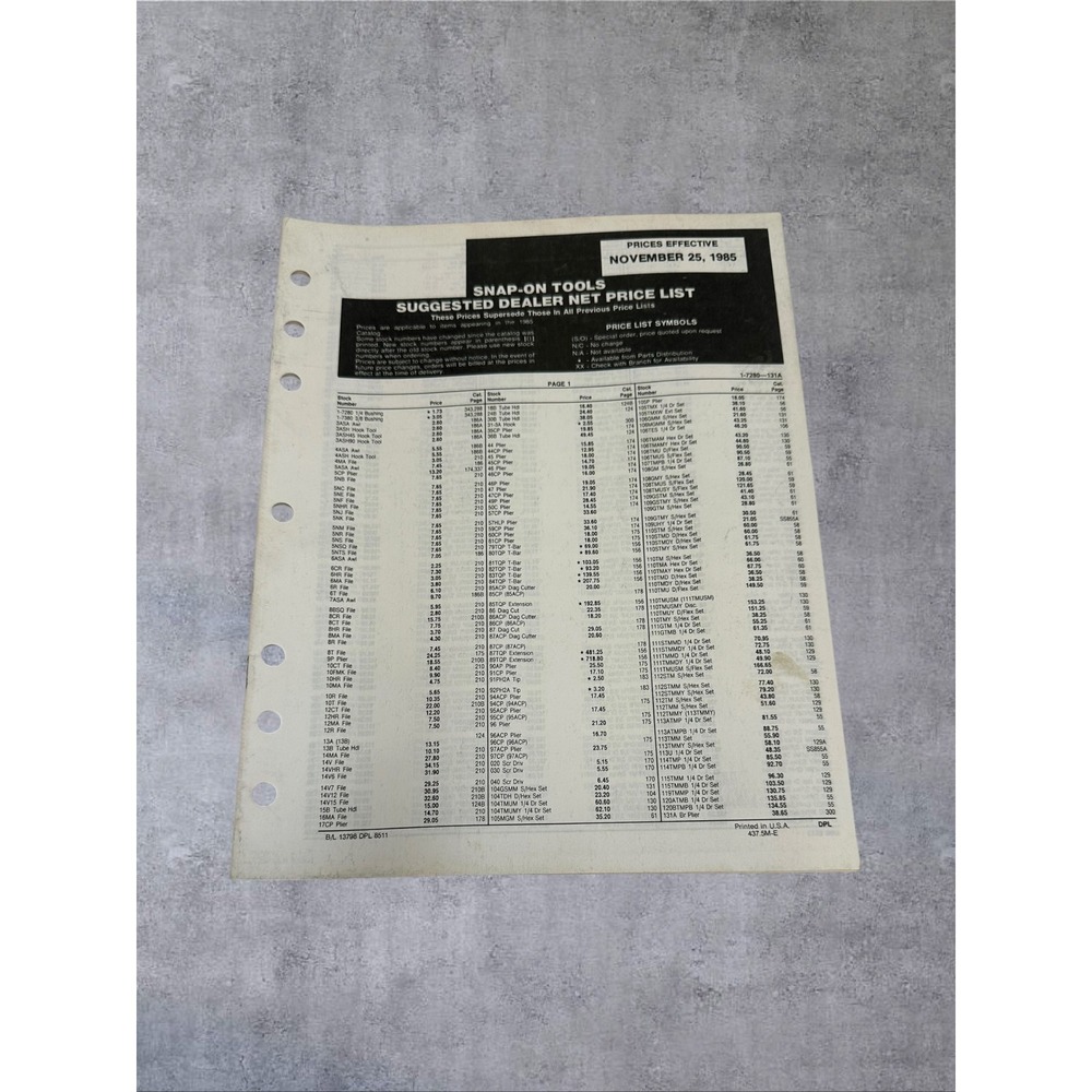 Snap-on Tools Price List 1985 Vintage Dealer Net Price Sheet Paper